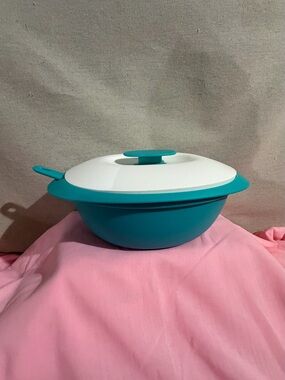 Tupperware Teal and White Covered Serving Bowl with Lid & Ladle